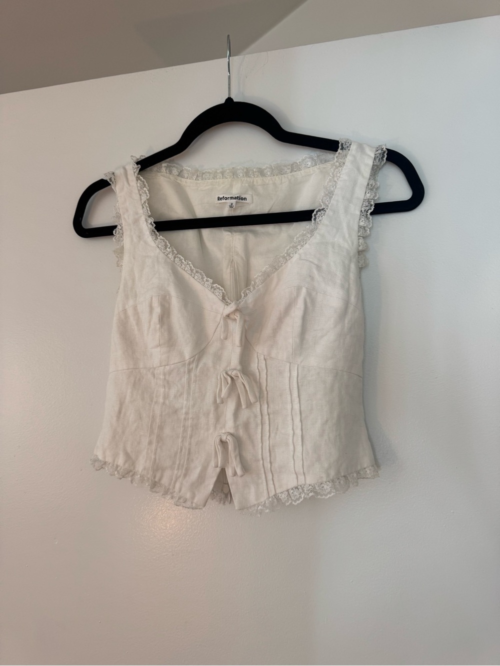 Reformation Cream Linen Lace-Trim Tie-Front Corset Top
